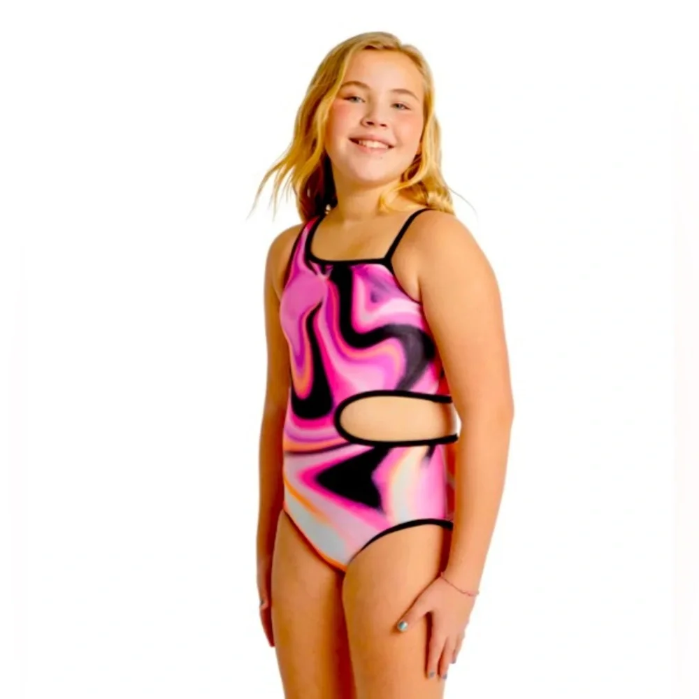 New! Justice marble Swirl Girls One Piece Cut Out REVERSIBLE Swimsuit | Size L
